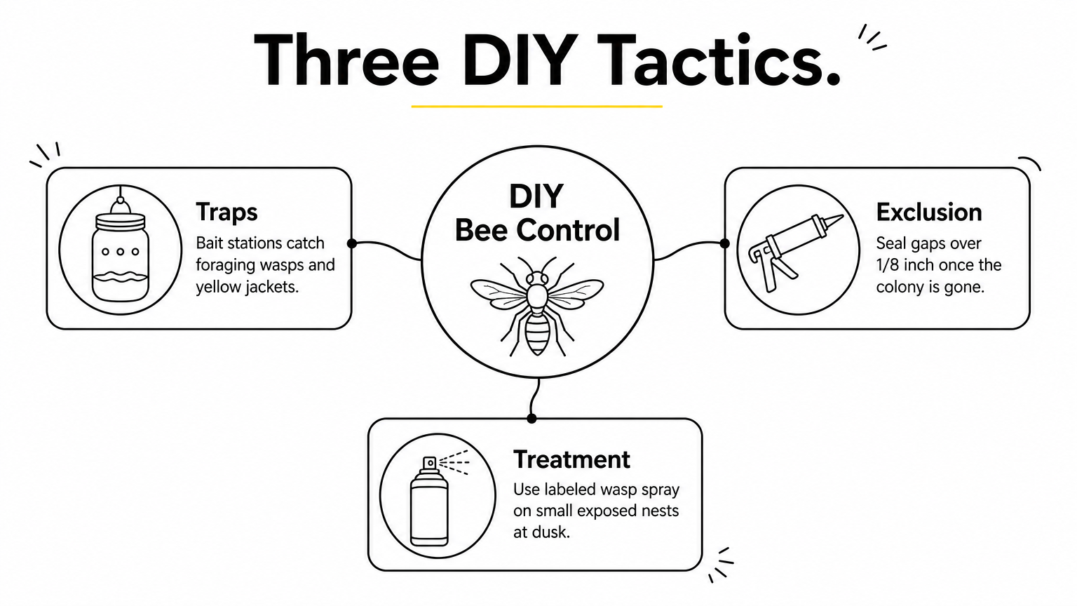 Hub diagram showing traps, exclusion, and treatment as the three DIY bee and wasp control tactics.