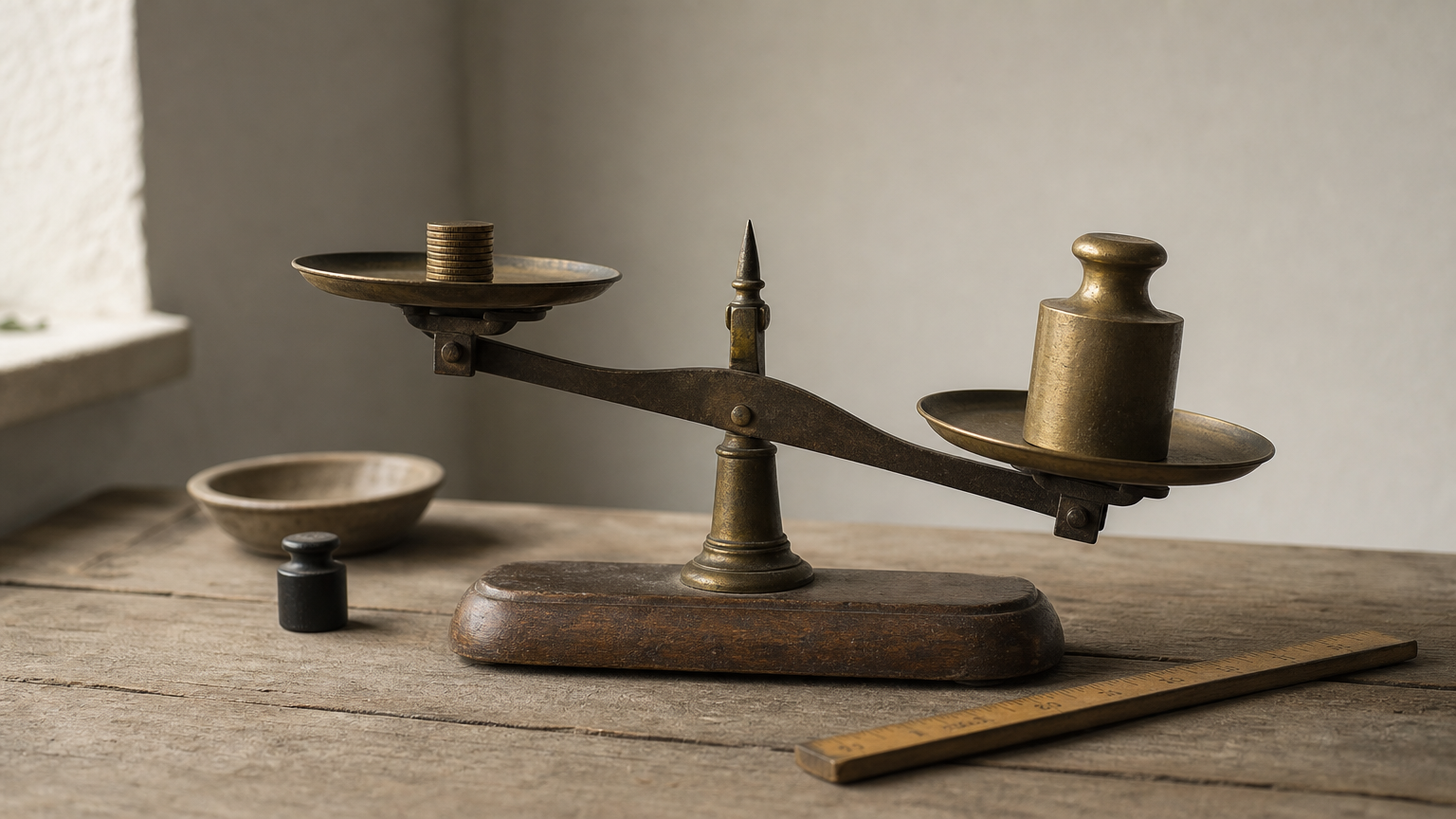 A balance scale weighing a small coin stack against a heavy brass weight, with a ruler beside it.