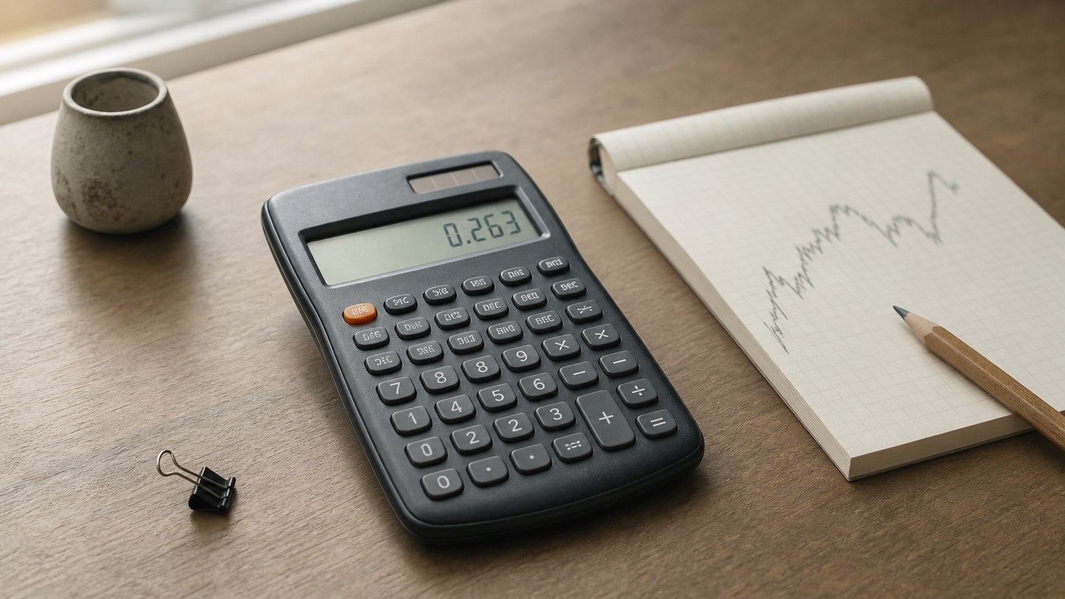 A calculator beside a notepad with a sketched price chart and a pencil on a desk.