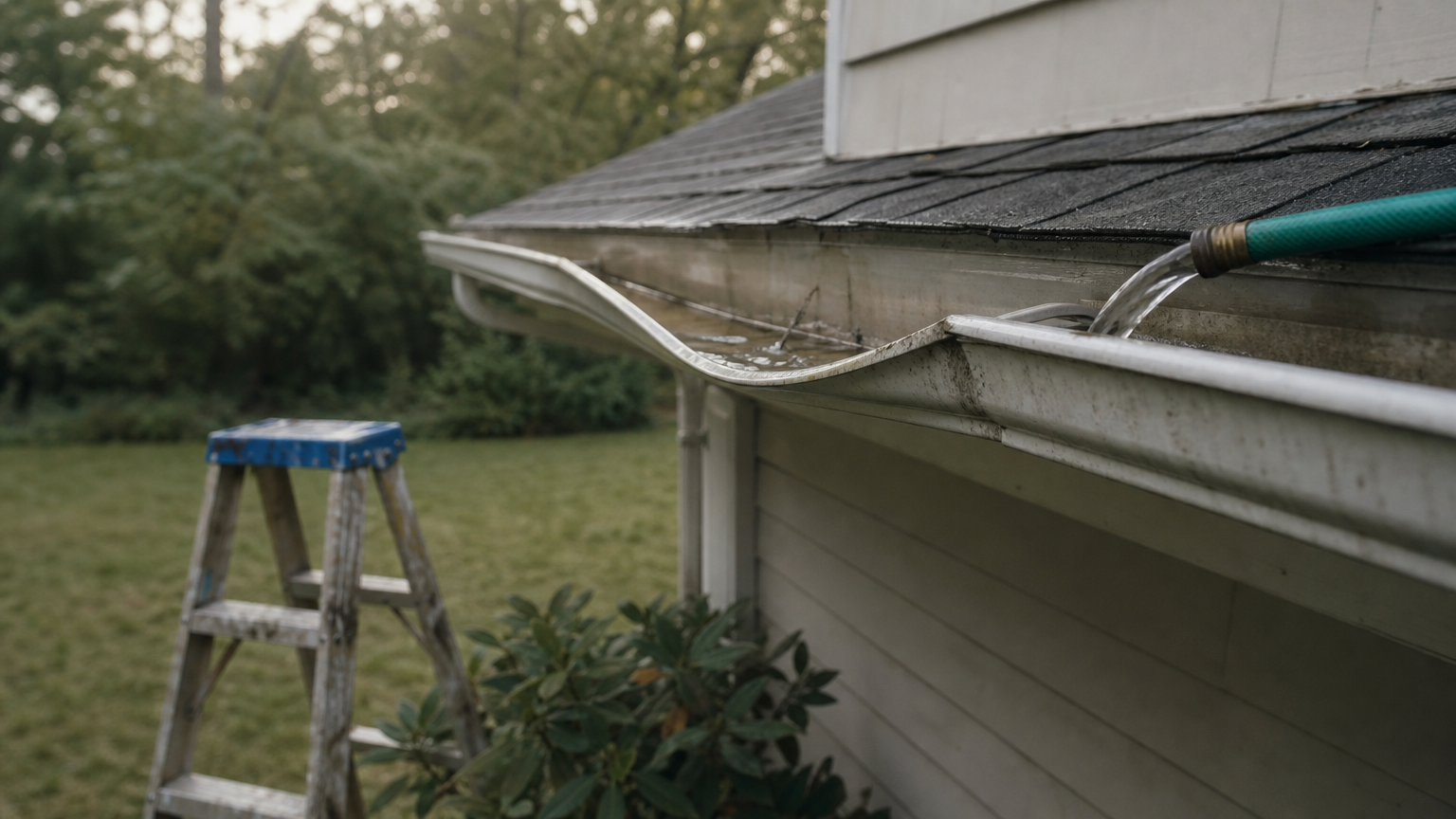 A hose runs water into a gutter while water pools in a sagging section beside a ladder.