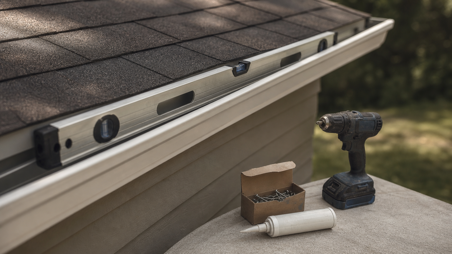 A level rests on a gutter trough with a drill, screws, and sealant nearby.