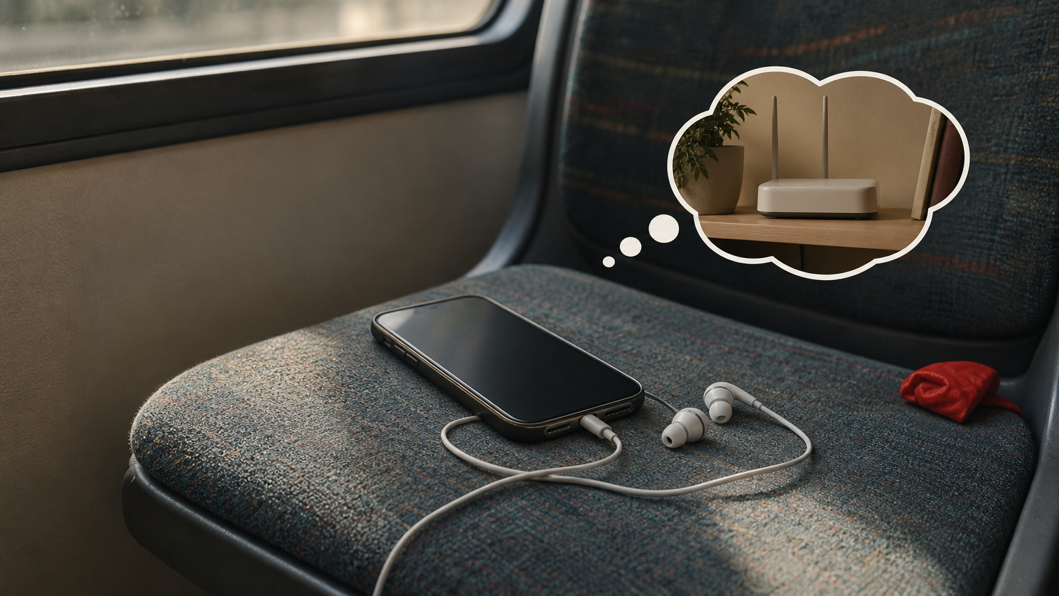 Smartphone with earbuds on a bus seat, with a home Wi-Fi router pictured nearby.