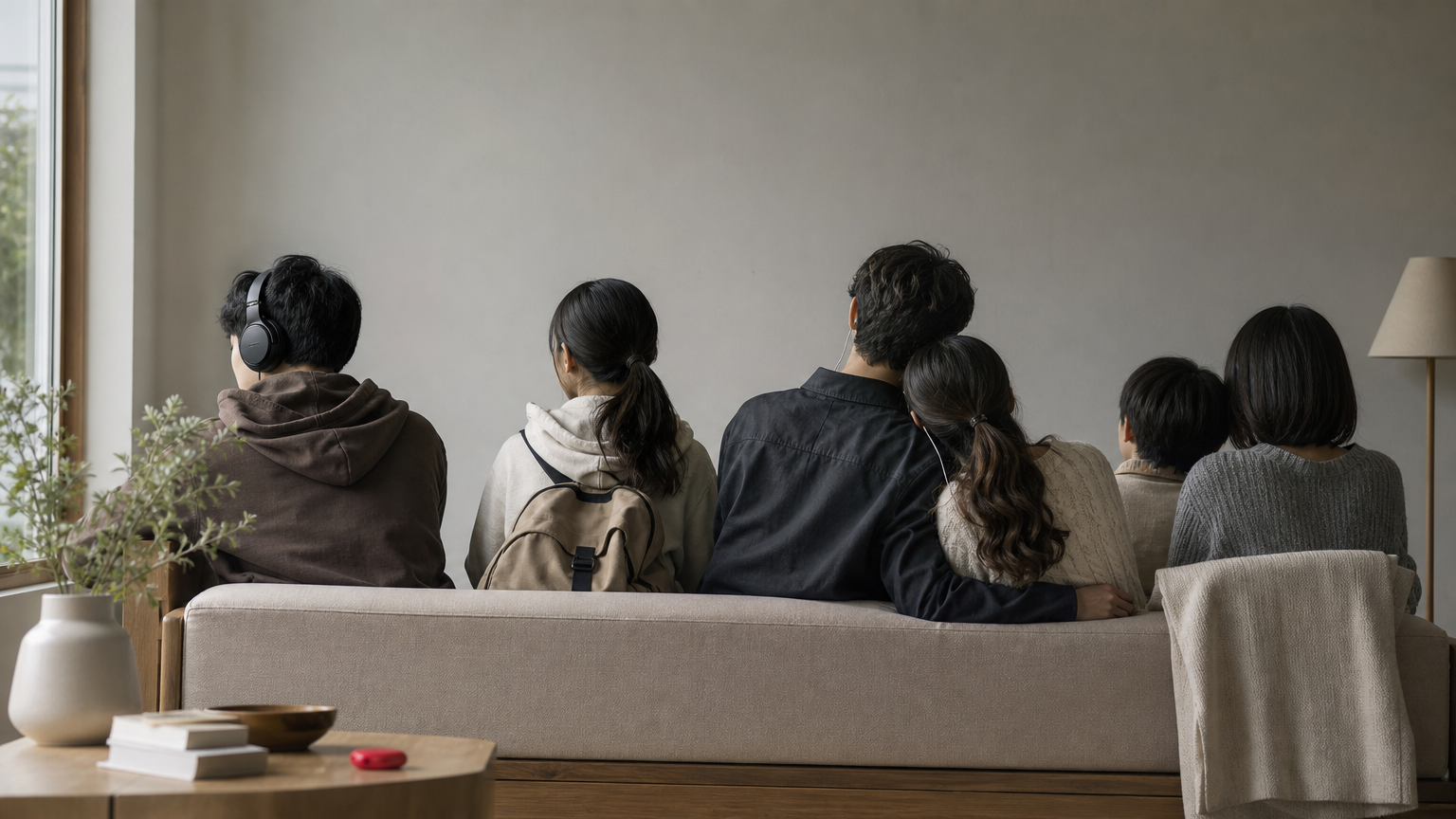 Four groups of listeners on a sofa: a solo listener, a student, a couple, and a family.