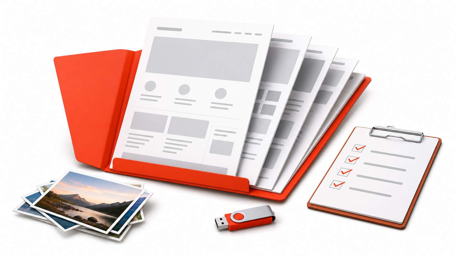 Desk with printed web pages, image prints, a USB drive, and a clipboard checklist.