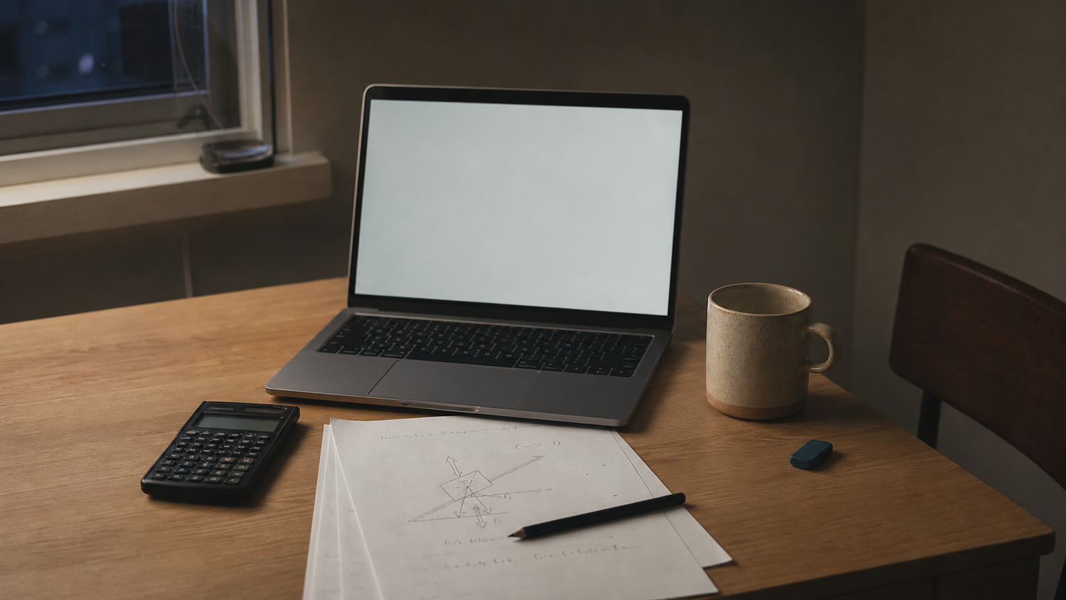 Desk with laptop, physics problem set, hand-drawn force diagram, calculator, and mug.