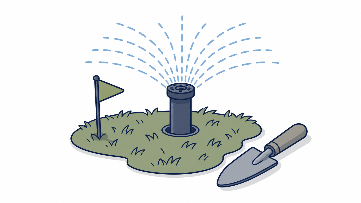 A sprinkler head spraying on a lawn with a pin flag and trowel beside it.