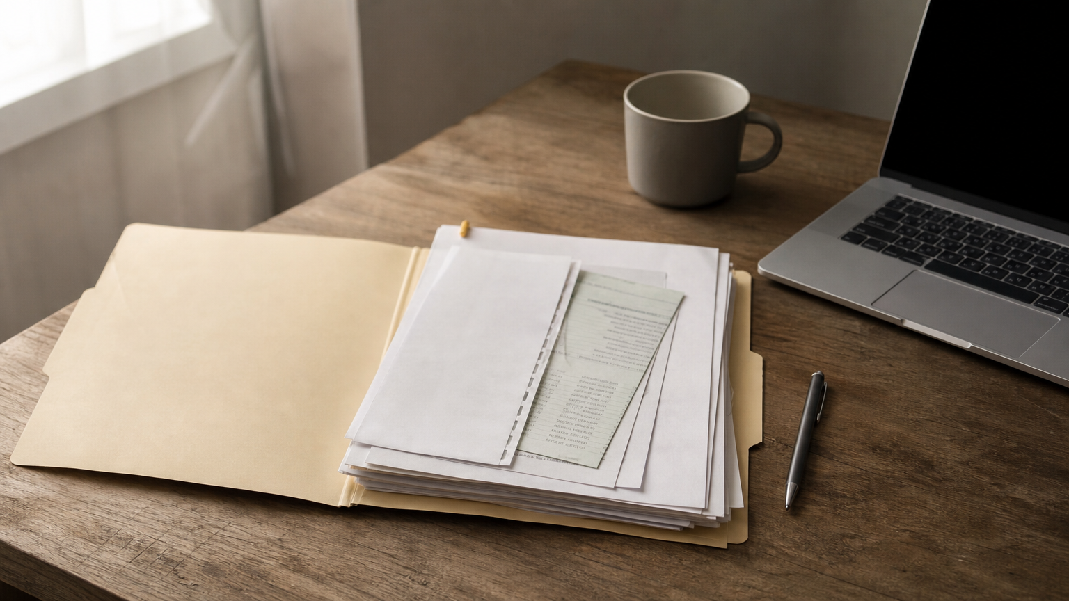 Open folder of loan papers, receipts and a printed notice on a desk beside a laptop and pen.