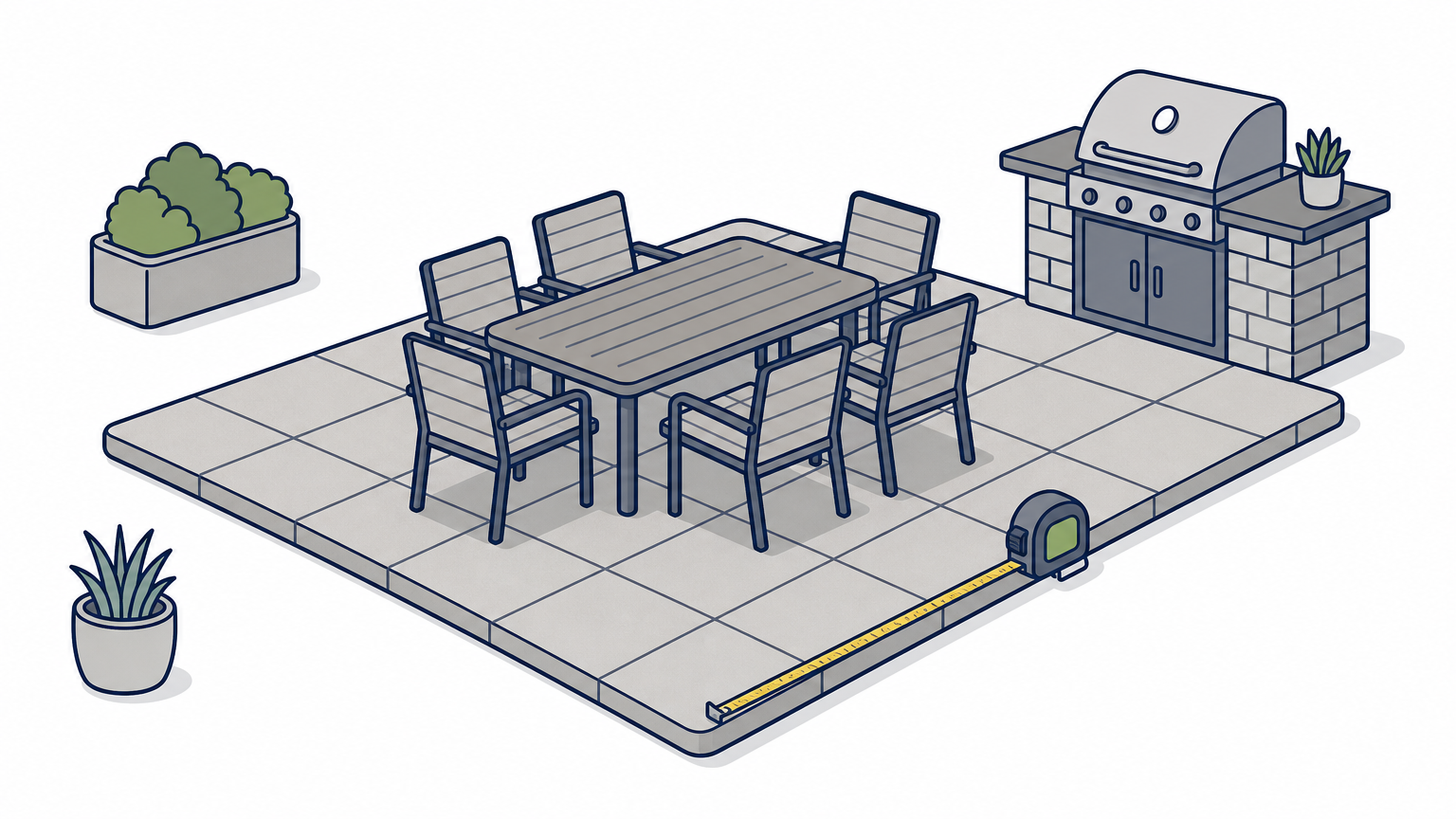 A square paver patio with a dining set, grill station, and tape measure along one edge.