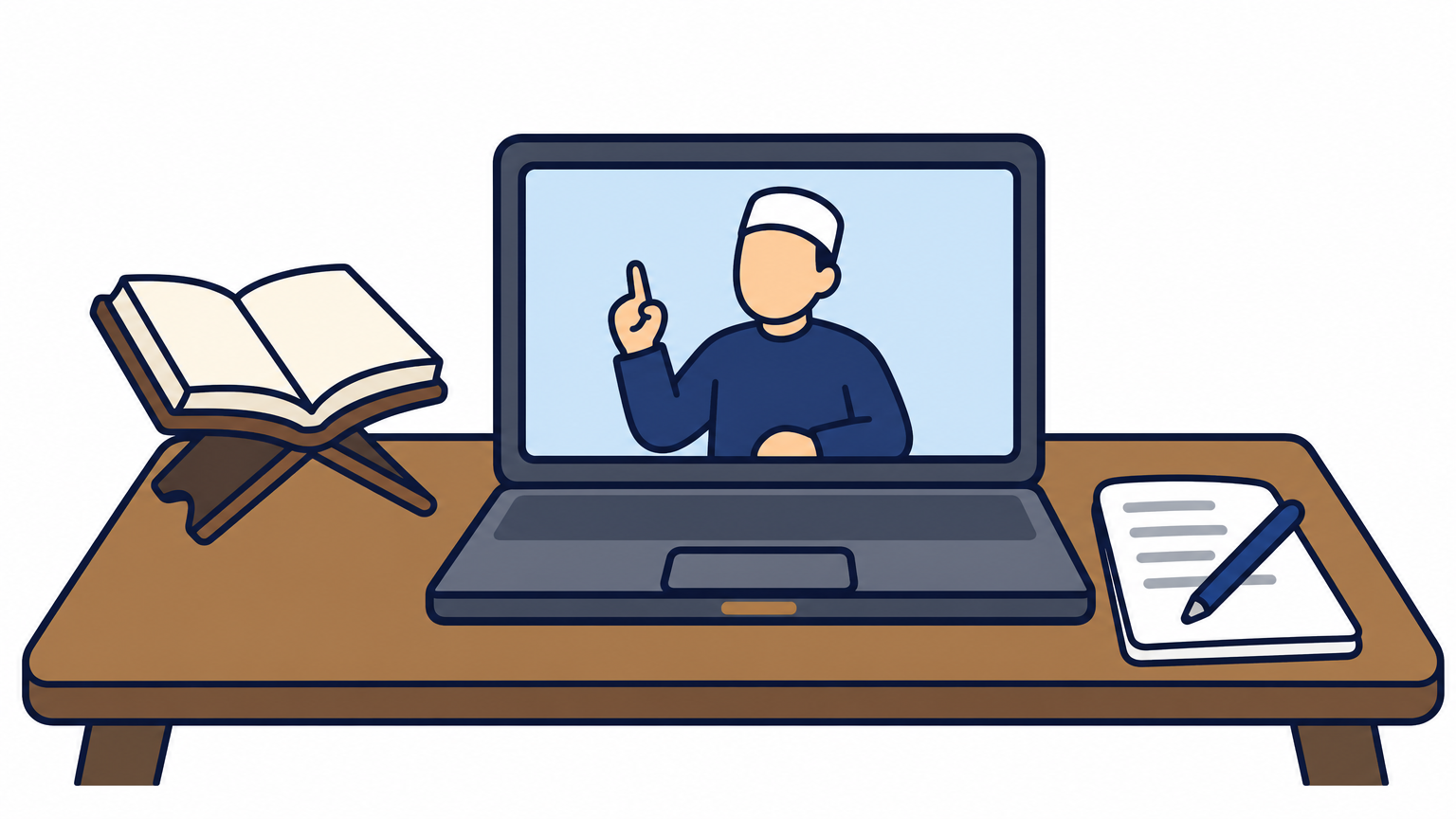 Laptop video call with a teacher beside an open Quran on a stand and a notebook.