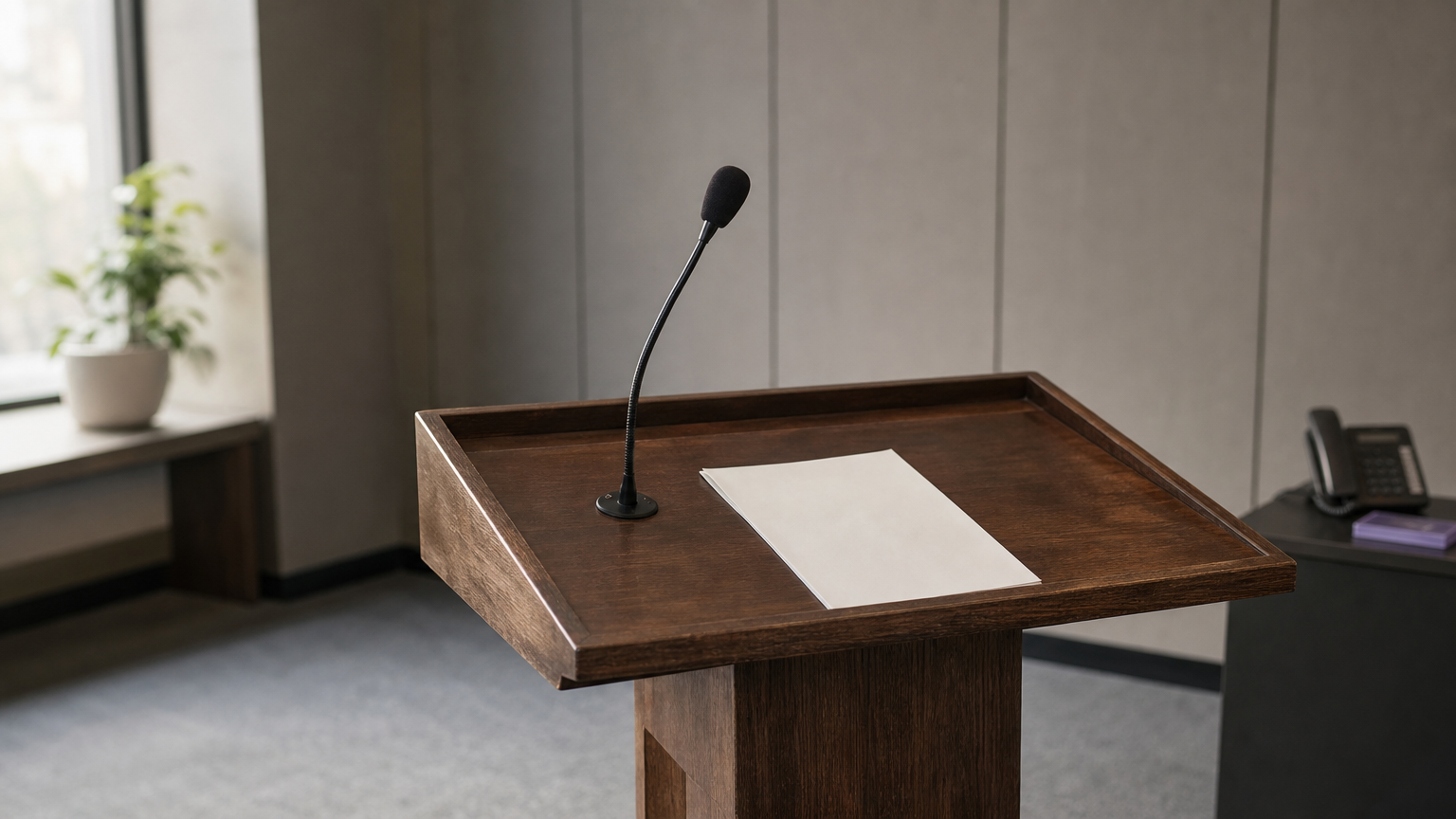 A lone microphone on a lectern with a printed statement and a phone nearby.