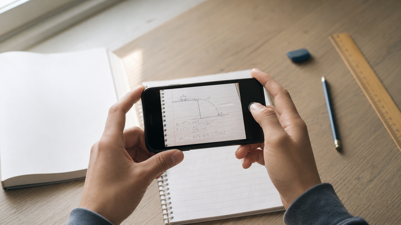 Smartphone photographing a handwritten kinematics problem on a notebook page beside a textbook.