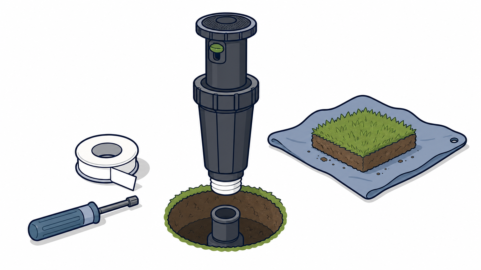 A new sprinkler head above an open hole with Teflon tape, a tool, and sod on a tarp.