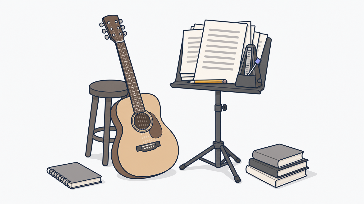 Acoustic guitar beside a music stand piled with sheet music, a metronome, and a pencil.