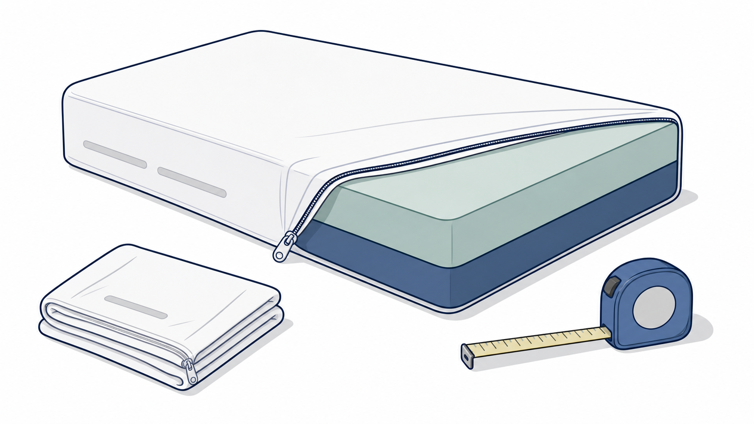 Hospital mattress partly enclosed in a zippered cover with a tape measure and folded spare cover nearby.