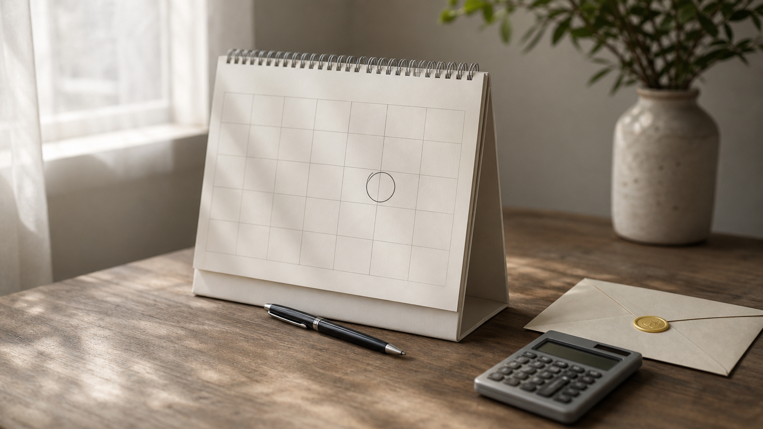 Wall calendar with a circled date above a desk holding a sealed envelope, calculator and pen.