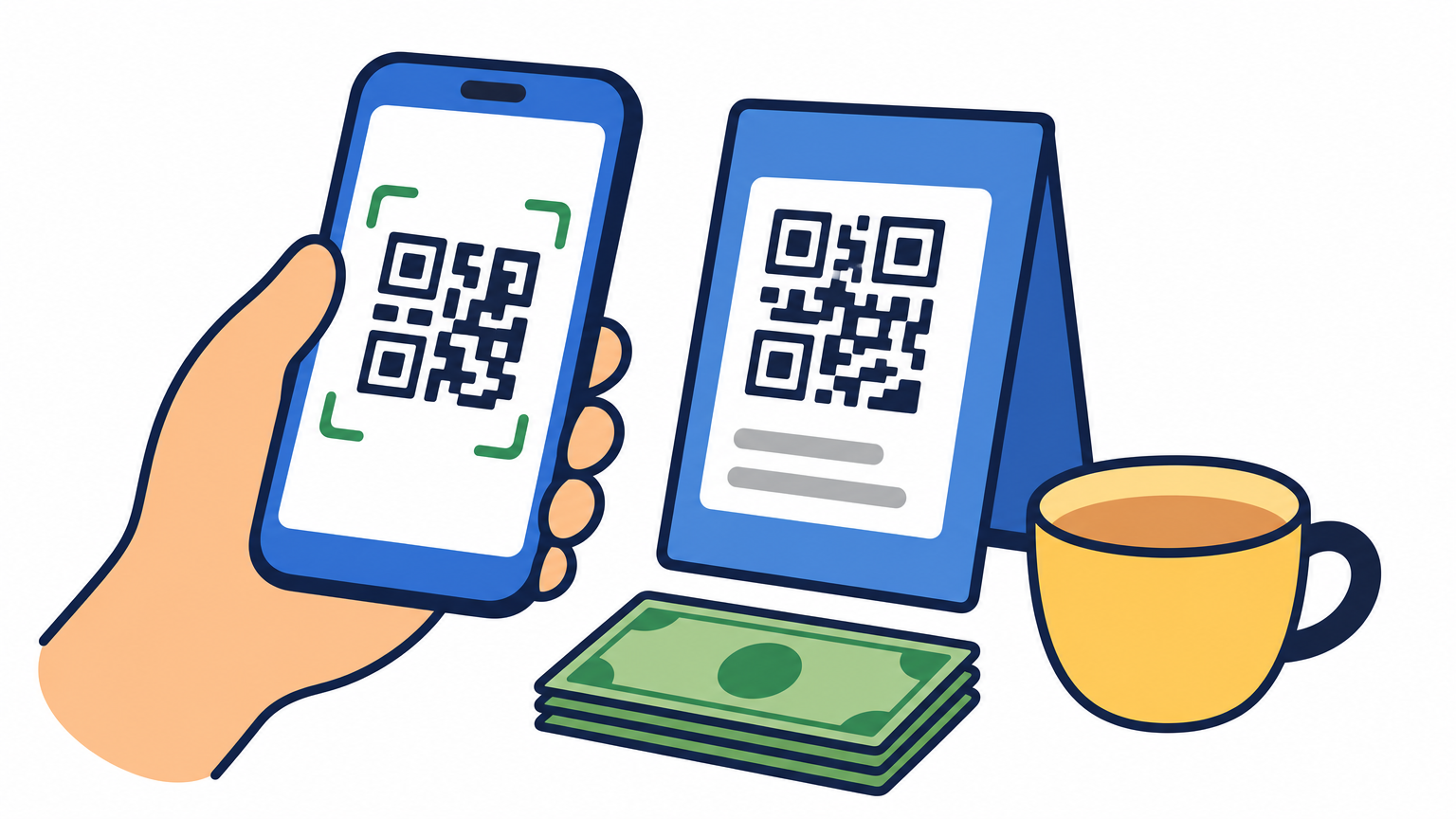 A hand holds a smartphone to scan a QR code stand on a shop counter.