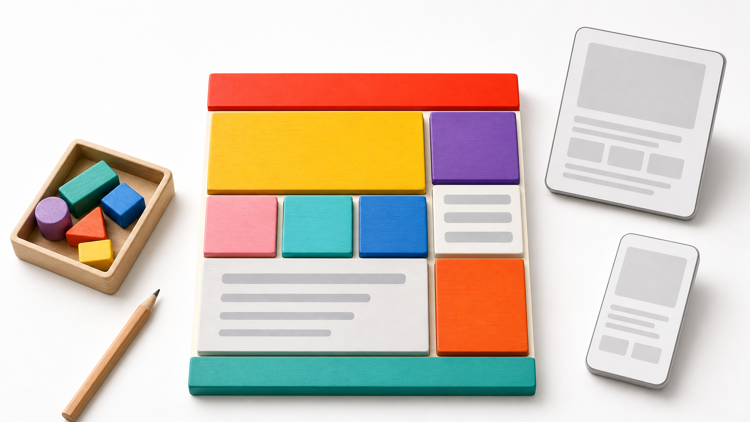 Wooden blocks assembled into a page layout beside a tray of spare blocks and a pencil.