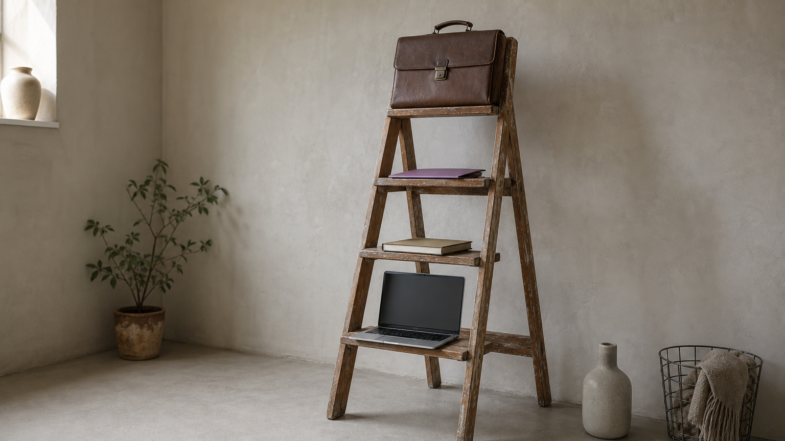 A four-rung ladder with a laptop, notebook, folder, and briefcase placed on successive rungs.