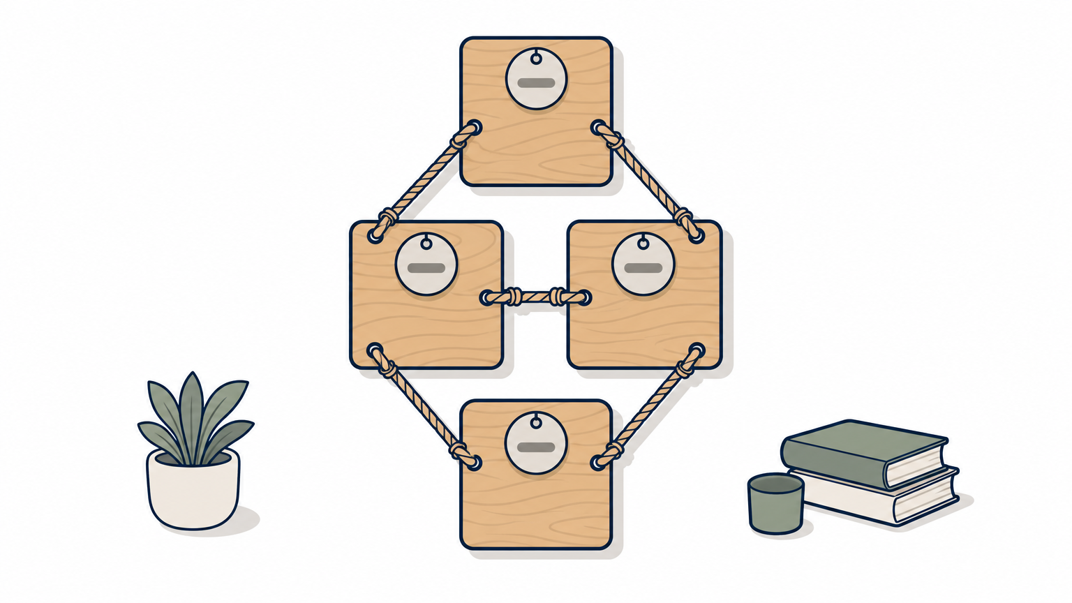 Four wooden blocks connected by string in a diamond shape, each with a numbered tag.