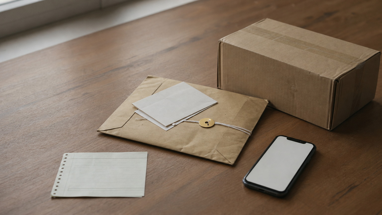 Registered post envelope with acknowledgment card beside a courier package, receipt slip and smartphone.