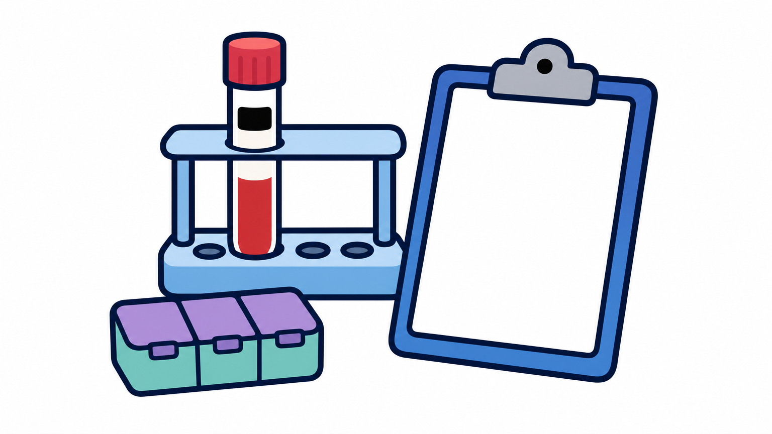 A blood sample tube in a rack next to a pill organizer and clipboard.