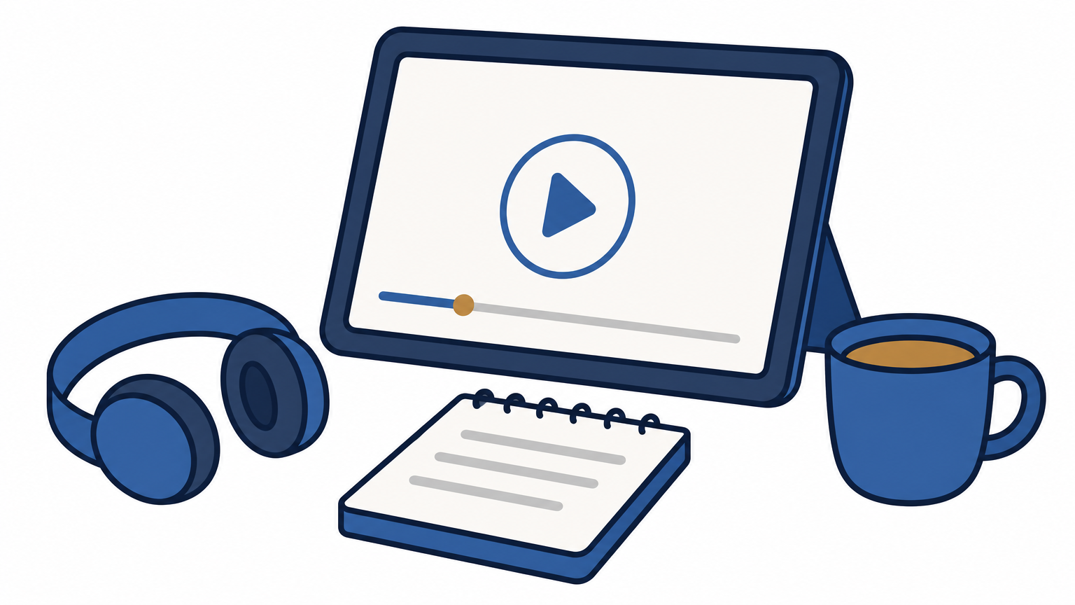 Tablet with a paused lesson video next to headphones, a notepad, and a cup of tea.