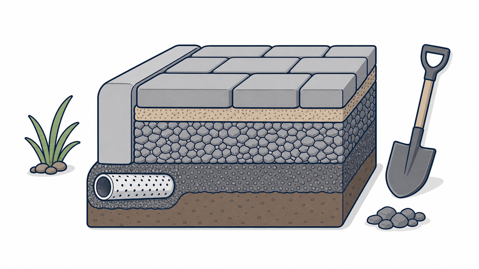Cutaway of a paver patio showing compacted rock base, sand layer, and a drain pipe.
