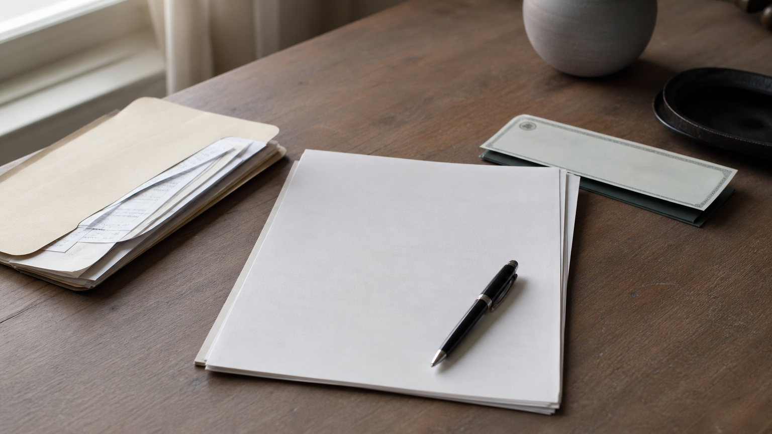 Signed letter, receipts folder, pen and cashier's check laid out on a desk.