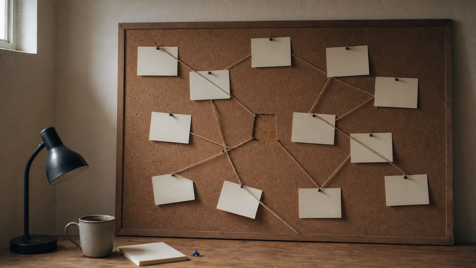 Index cards linked by string on a board, with one card removed and neighbours slumping.