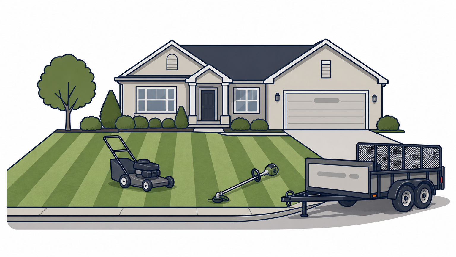 A neatly striped front lawn with a work trailer at the curb and mowing tools on the grass.