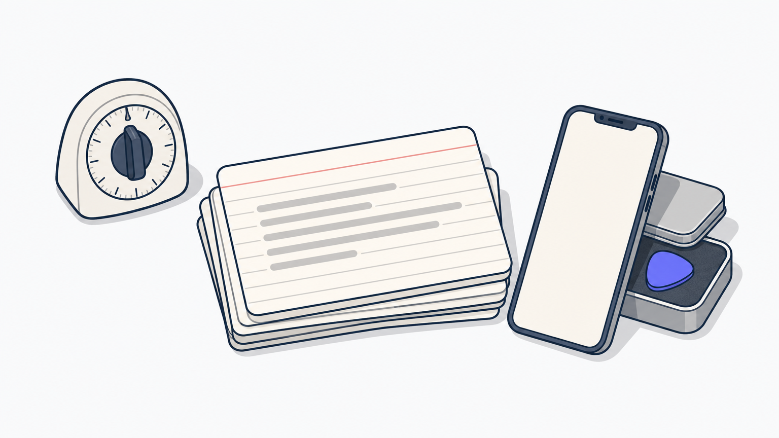 Index cards stacked on a desk beside a kitchen timer, a phone, and a pick tin.