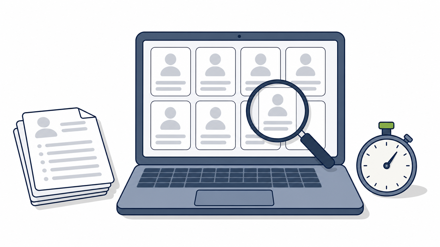 Laptop with a grid of freelancer profile cards, a magnifying glass, resume stack, and stopwatch.