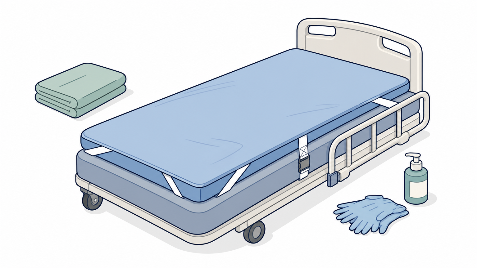 A foam mattress topper secured with straps on a hospital bed beside a raised side rail.