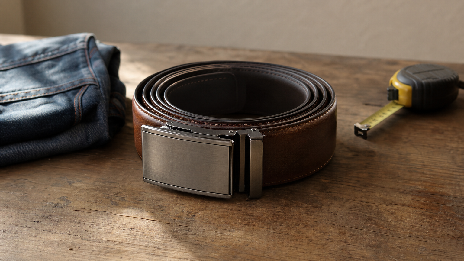 Ceinture en cuir enroulée avec boucle à cliquet, mètre ruban et jean plié sur une table en bois.