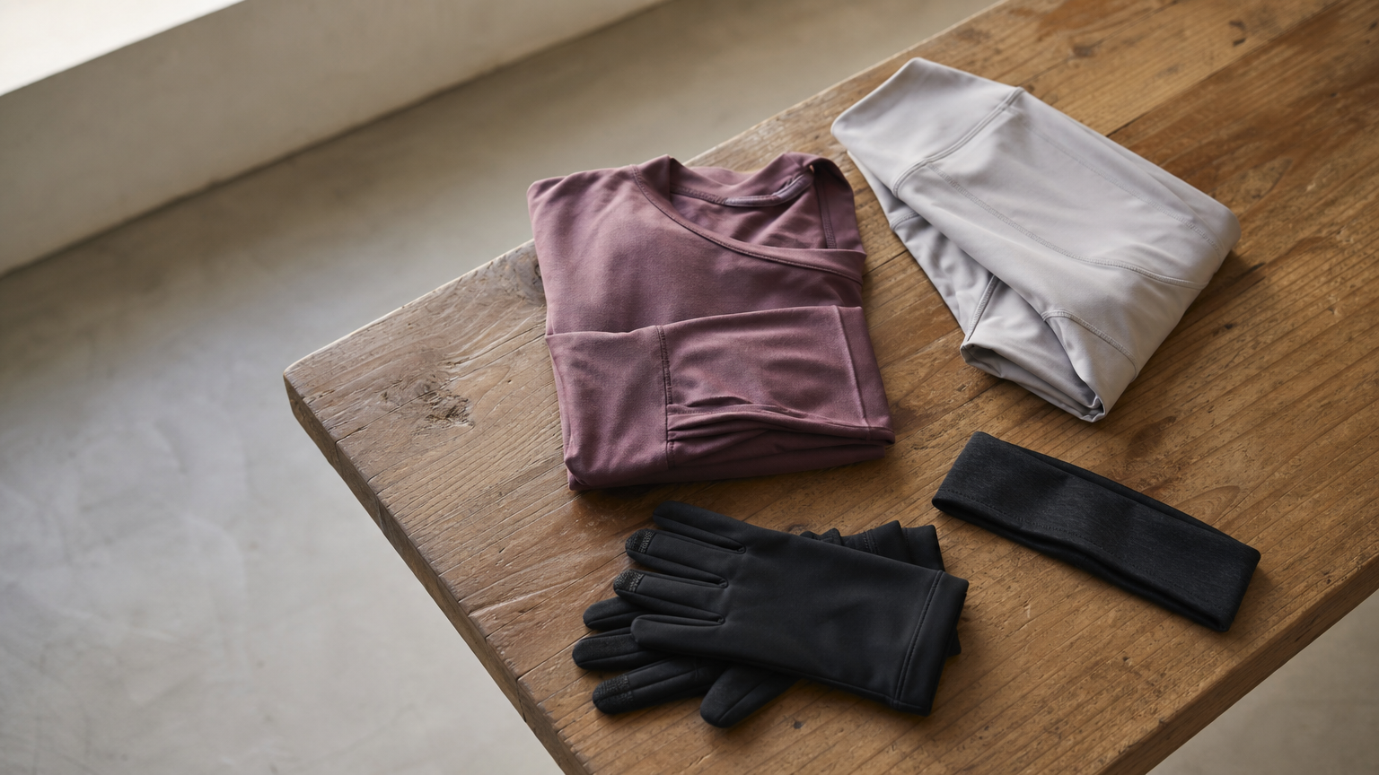 Long sleeve top, light tights, thin gloves and a headband laid out on a bench.