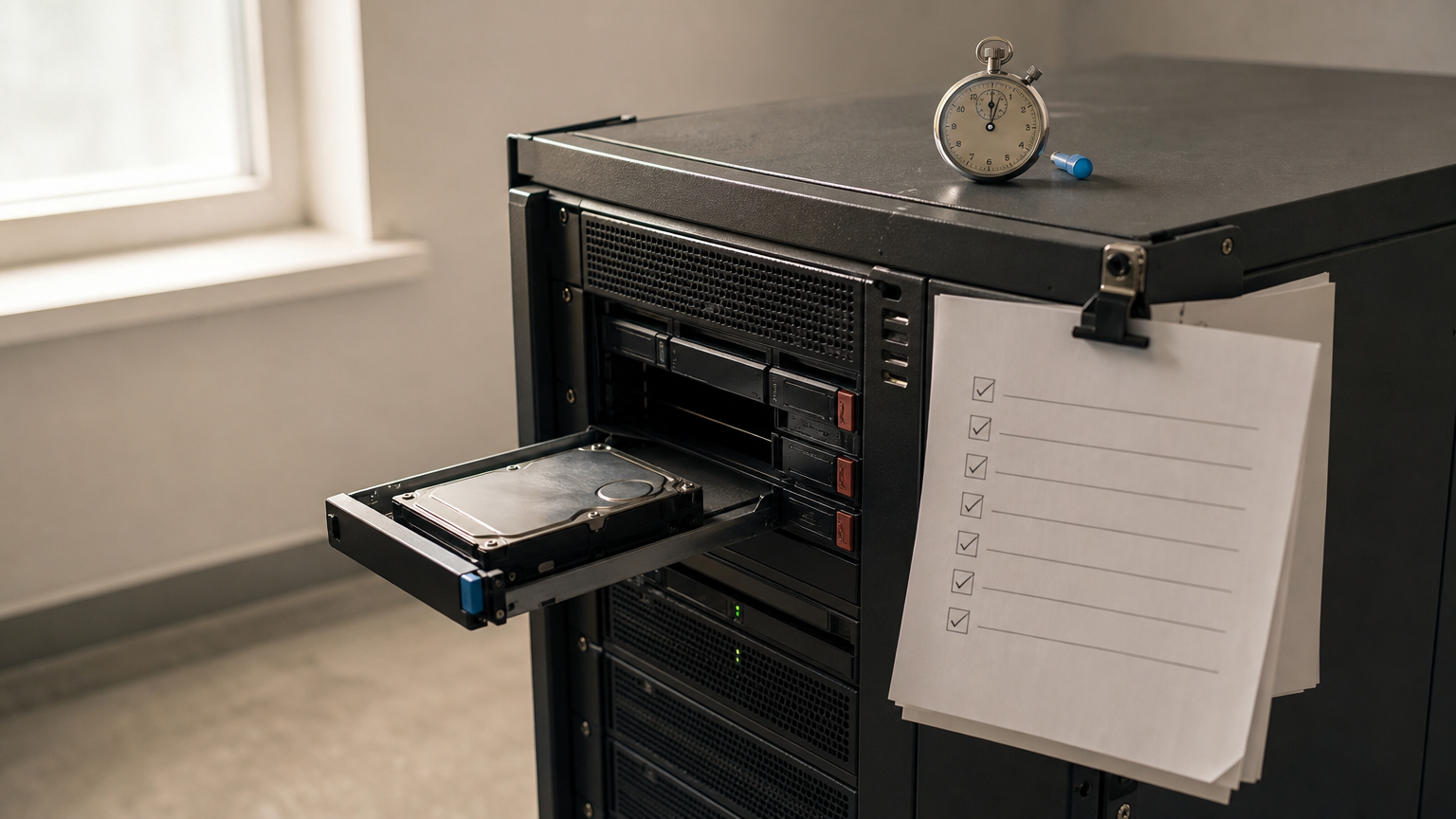 A server rack with a spare drive, a ticked runbook and a stopwatch on top.