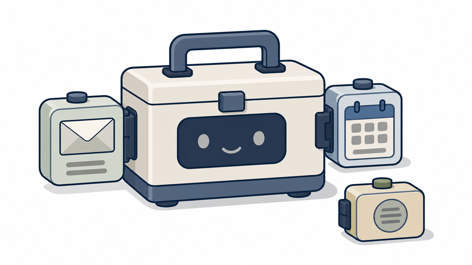 A modular figure with detachable envelope and calendar parts, plus a spare module nearby.