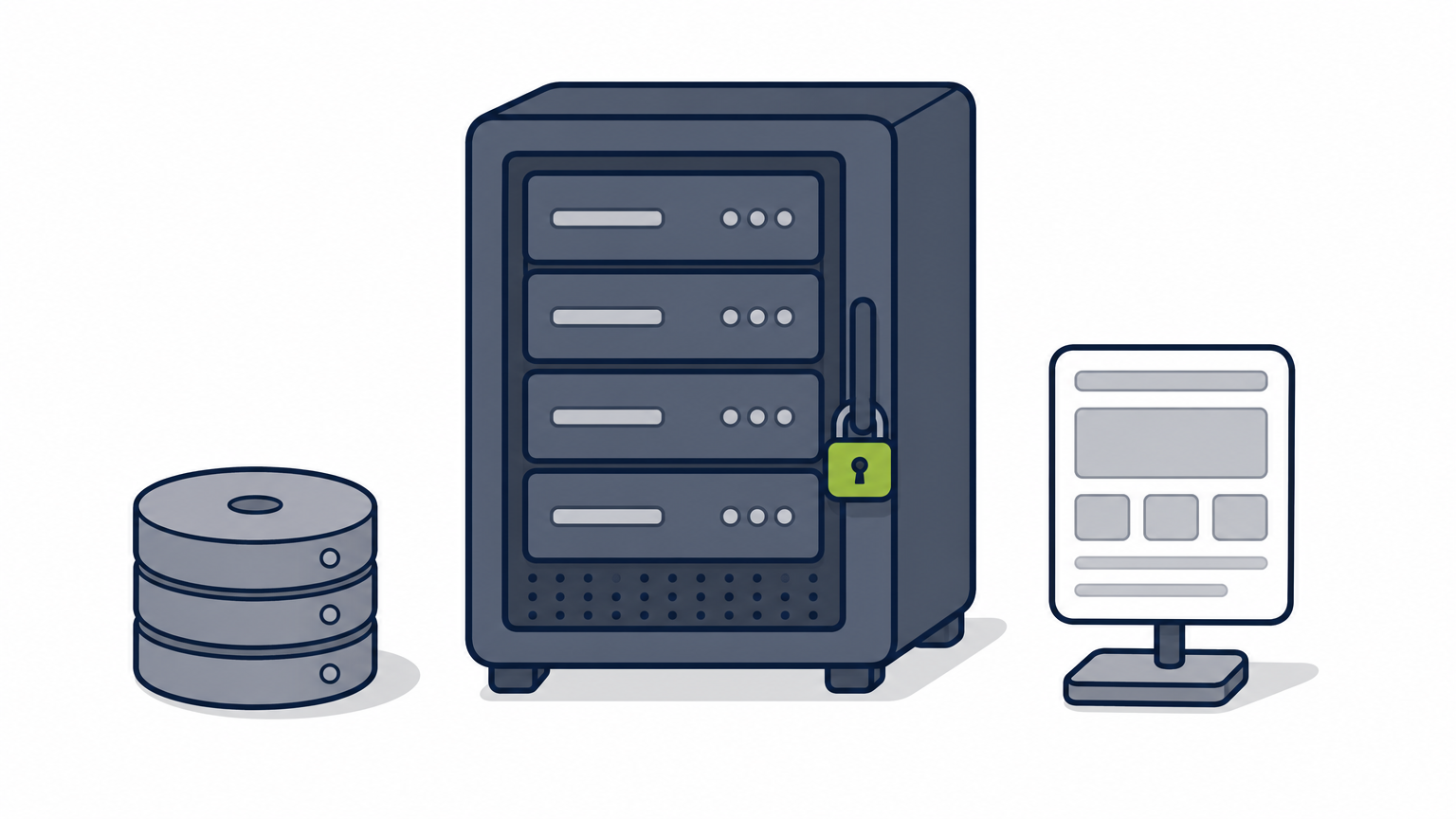 Small server rack with a padlock, backup disks, and a miniature website mockup.