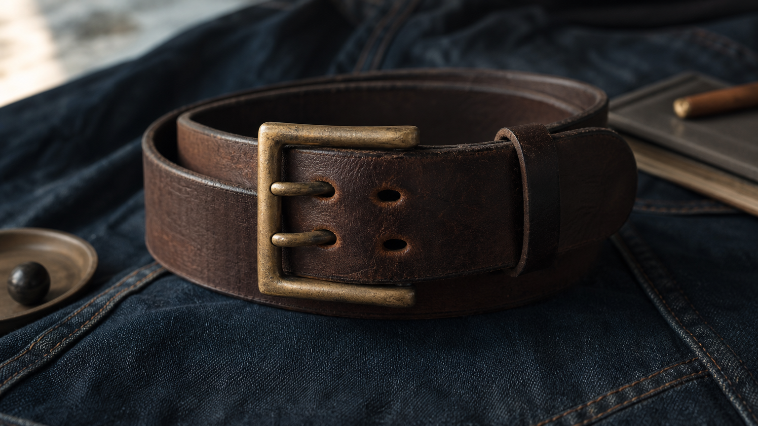 Gros plan sur une boucle à double ardillon fermée sur une ceinture en cuir épais.