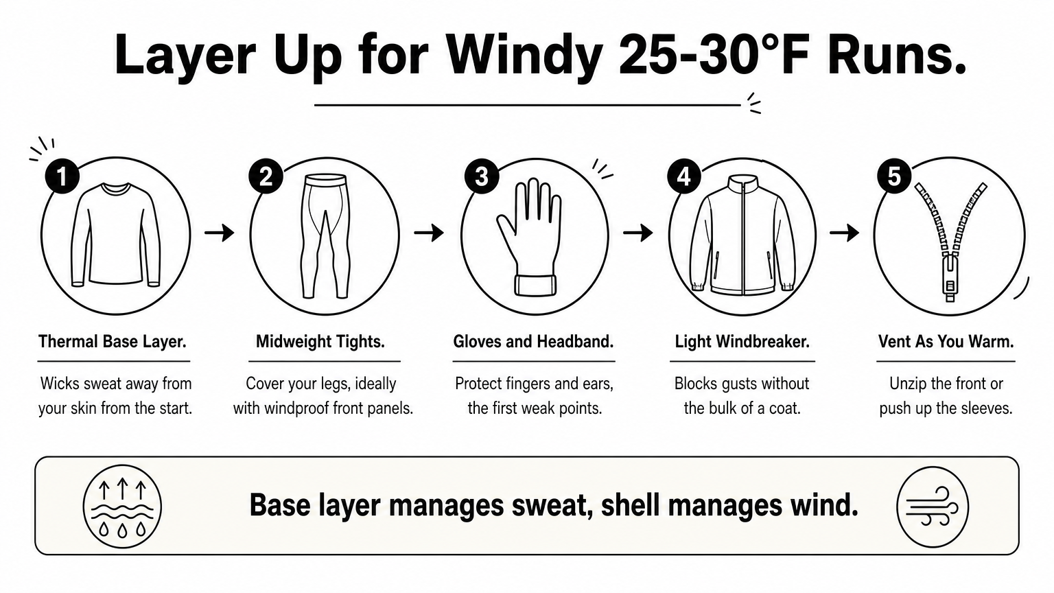 Five-step diagram showing how to layer a base layer, tights, accessories and windbreaker for cold windy runs.
