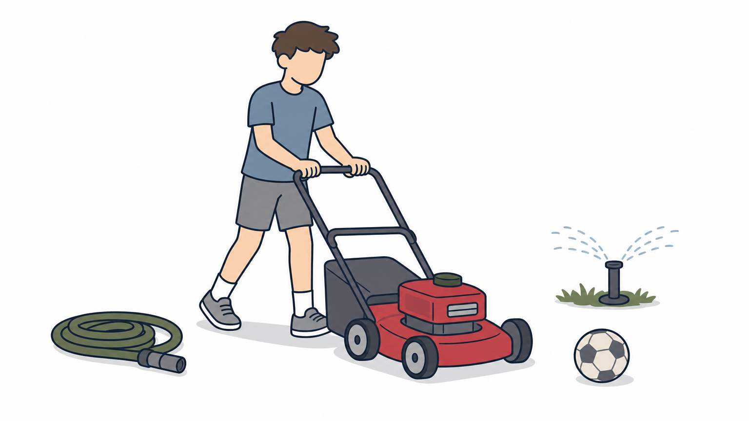 A teenager pushes a mower across a small yard with a sprinkler head and ball nearby.