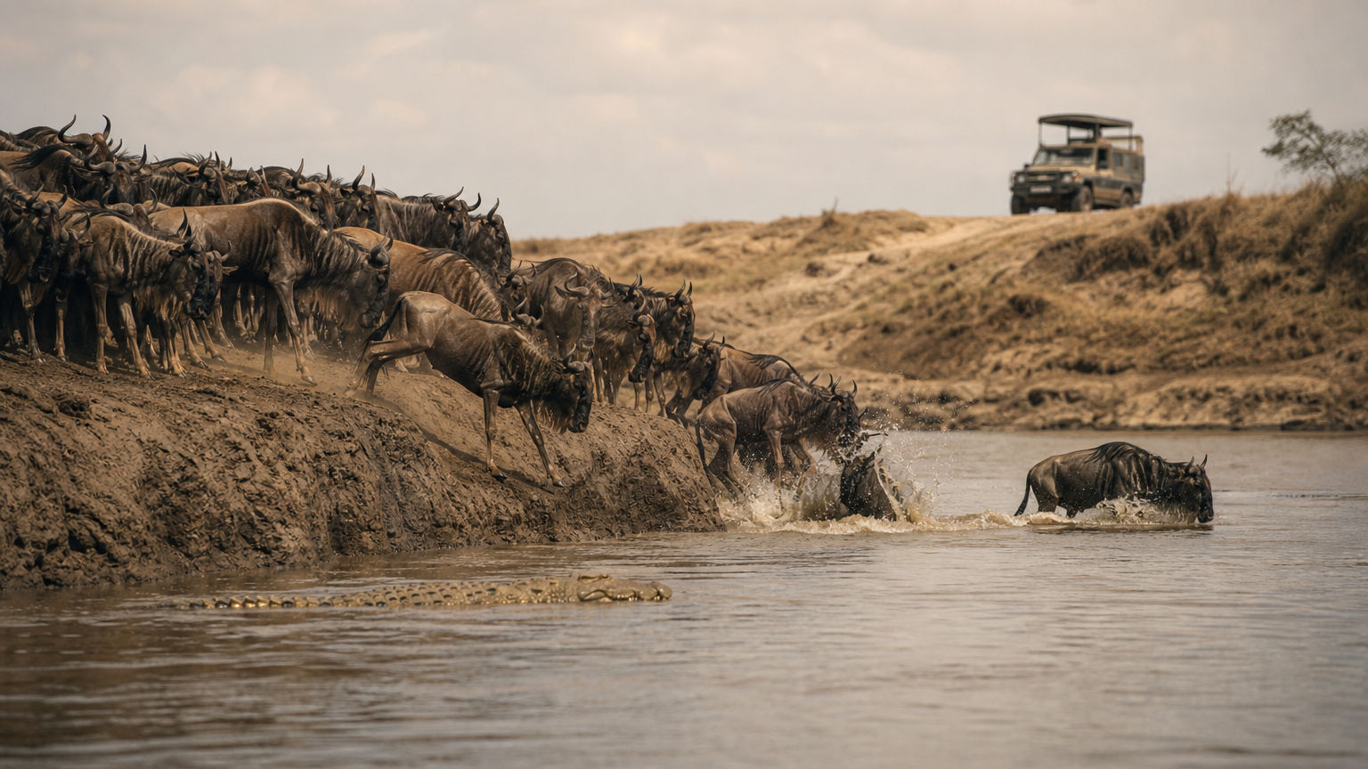 Wildebeest gather on a river bank and plunge into water as a crocodile waits and a safari vehicle watches.