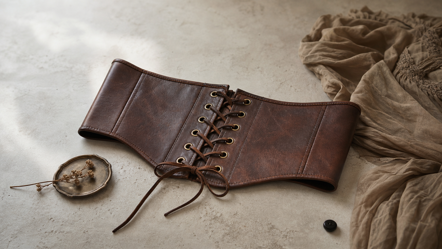 Ceinture corset en cuir lacée sur le devant, posée à plat à côté d'un tissu de robe.