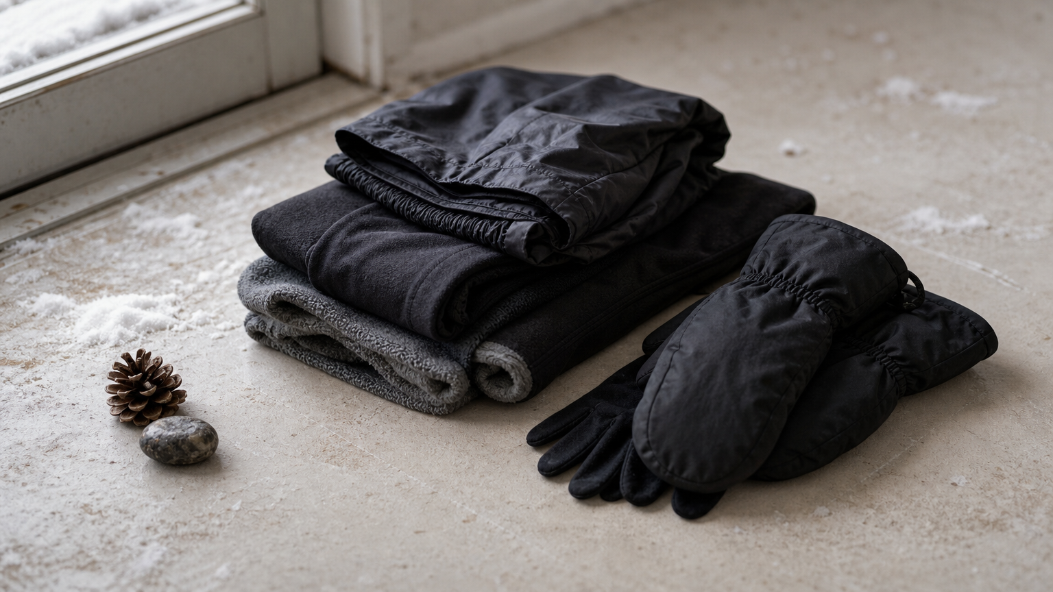 Fleece-lined tights, wind pants, mittens and liner gloves laid out on a snowy doorstep.