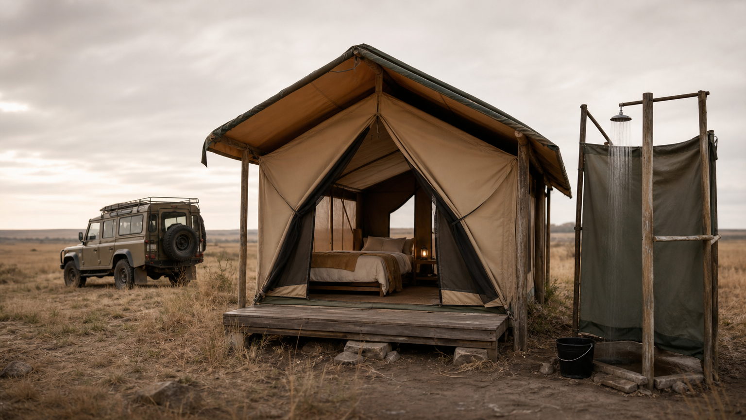 A walk-in safari tent on open plains with a bucket shower and a 4x4 parked outside.