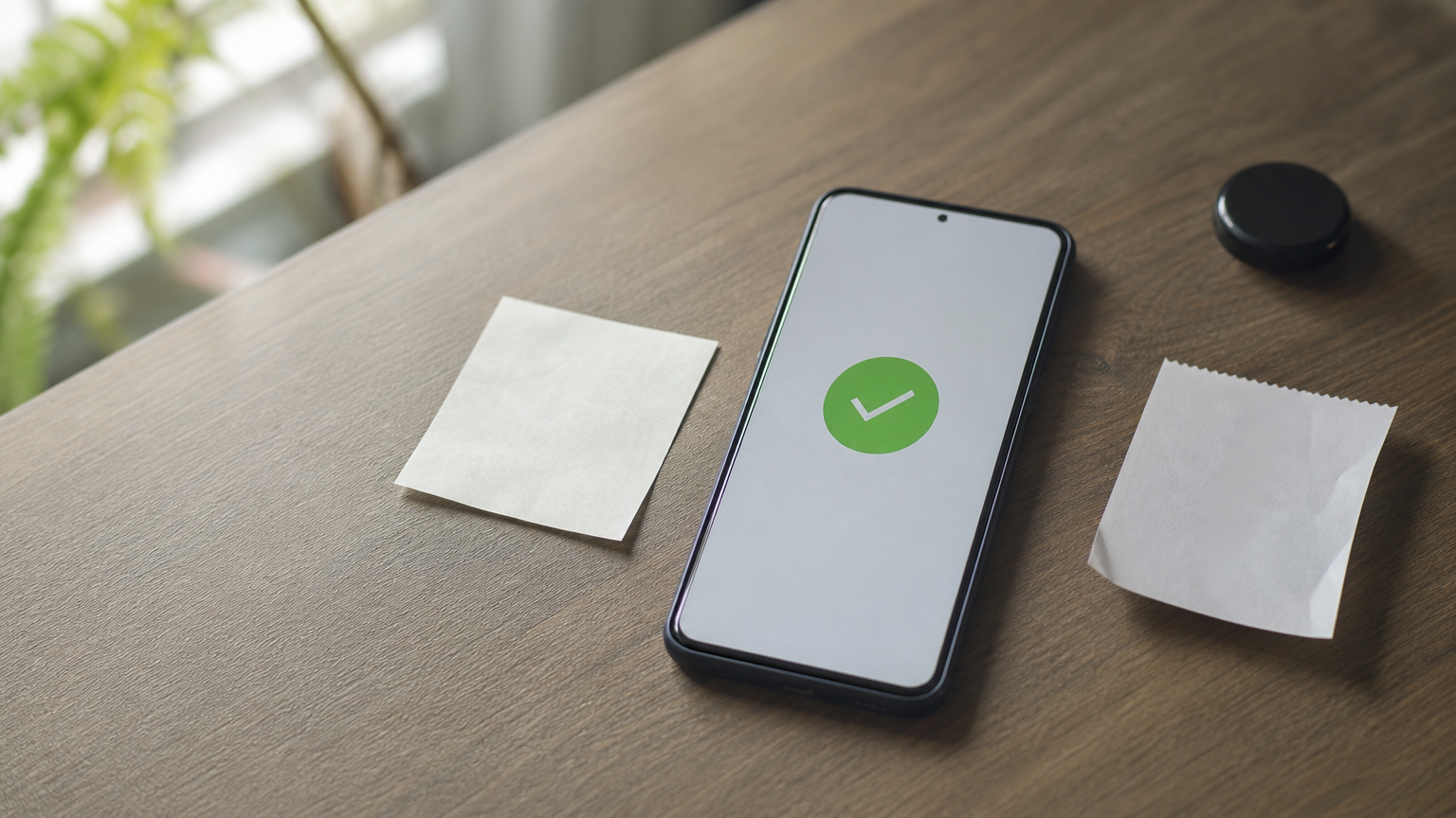 Smartphone with a payment confirmation beside a handwritten transaction note and a receipt on a desk.