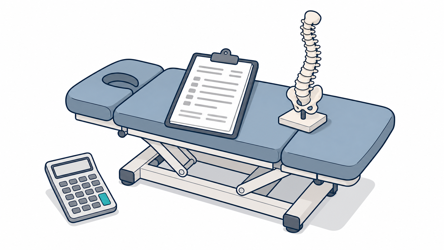 Chiropractic treatment table with a clipboard of claim forms, a model spine, and a calculator.