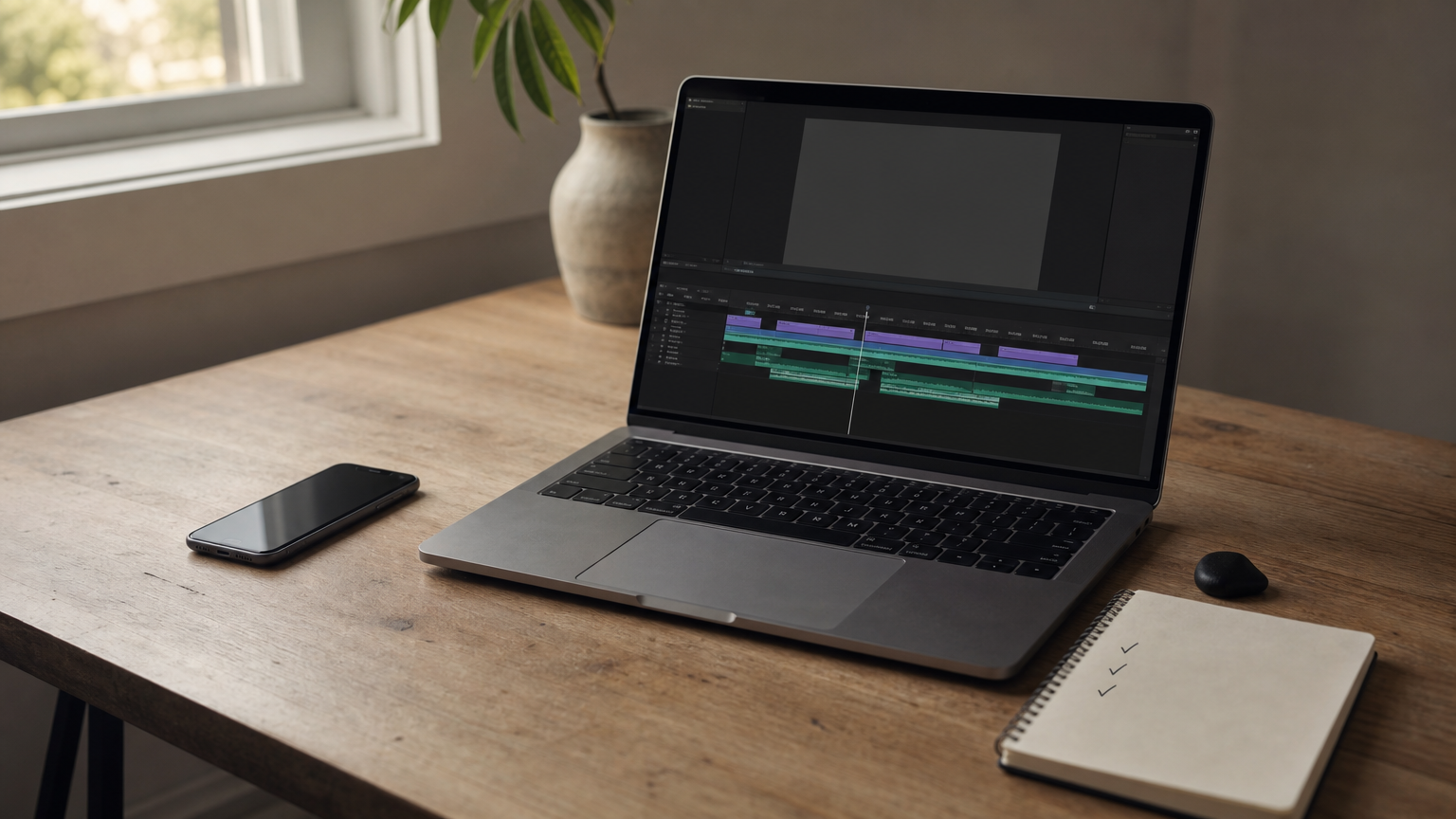 Laptop with an editing timeline, a phone, and a notepad with a checked list on a desk.