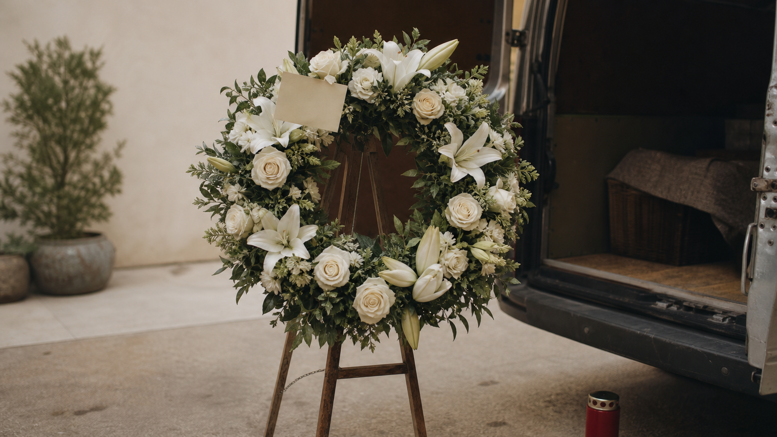 A white round funeral wreath on an easel beside an open delivery van.