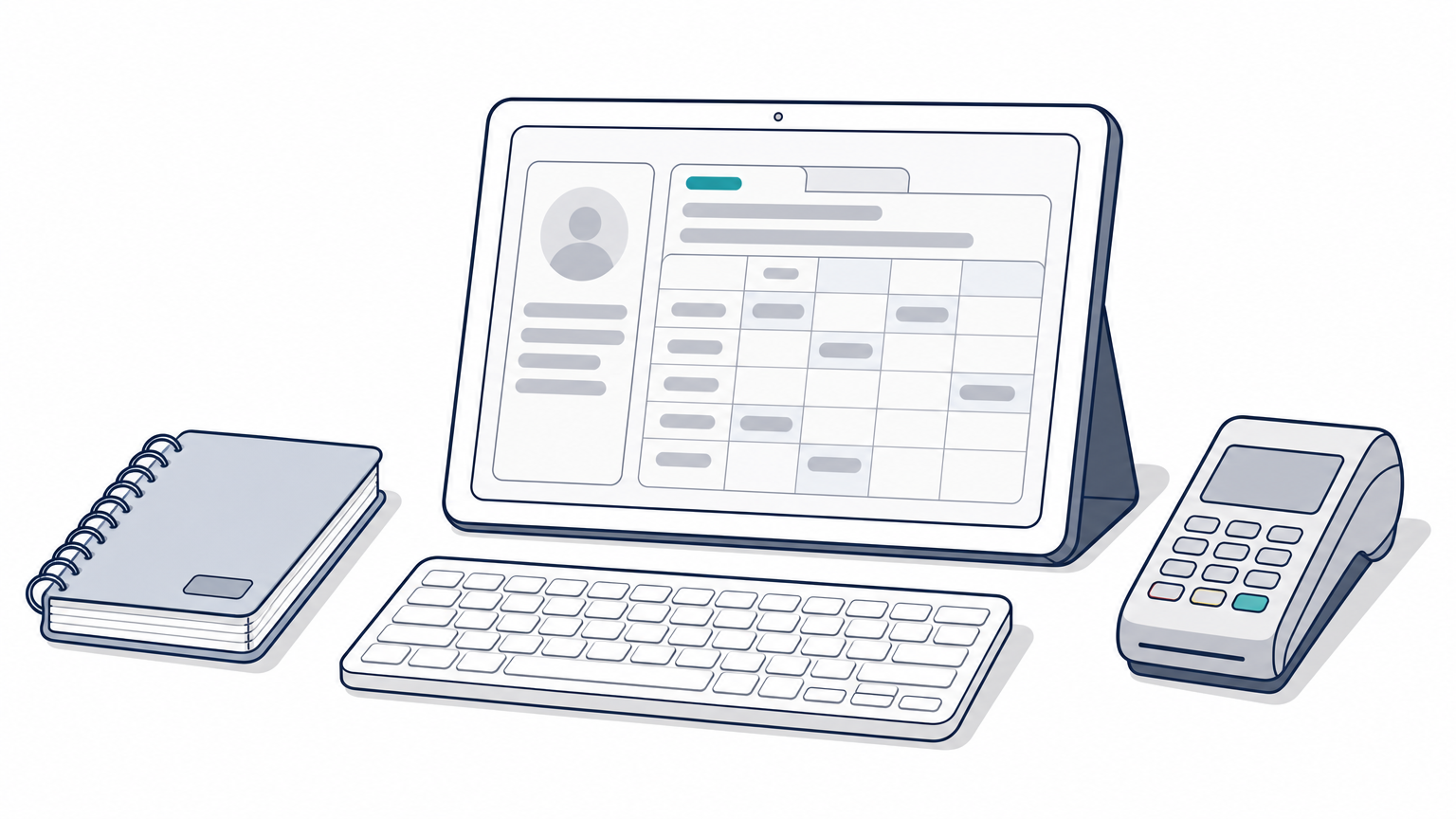 Tablet with a patient chart on a reception desk beside an appointment book and card reader.